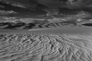 Black and white image of sunset on The Great Sand Dunes. Great Sand Dunes National Park, Colorado. www.JLongPhoto.com