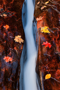 Water flows through this natural crack on the hike in to The Subway in Zion National Park, Utah. www.JLongPhoto.com